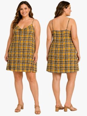 Rue 21 Y2K Style Plus Size 3X Plaid Cami Dress Mini Side Slit Yellow Black